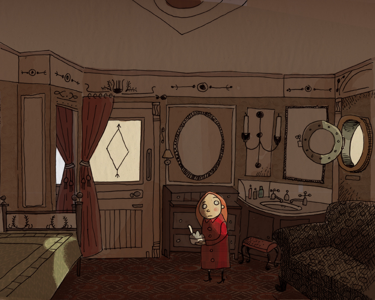 This was the very first drawing I did to get into the feeling of the book. It has very little to do with the action of the story, but it helped me to pre visualize where was to to take the art.