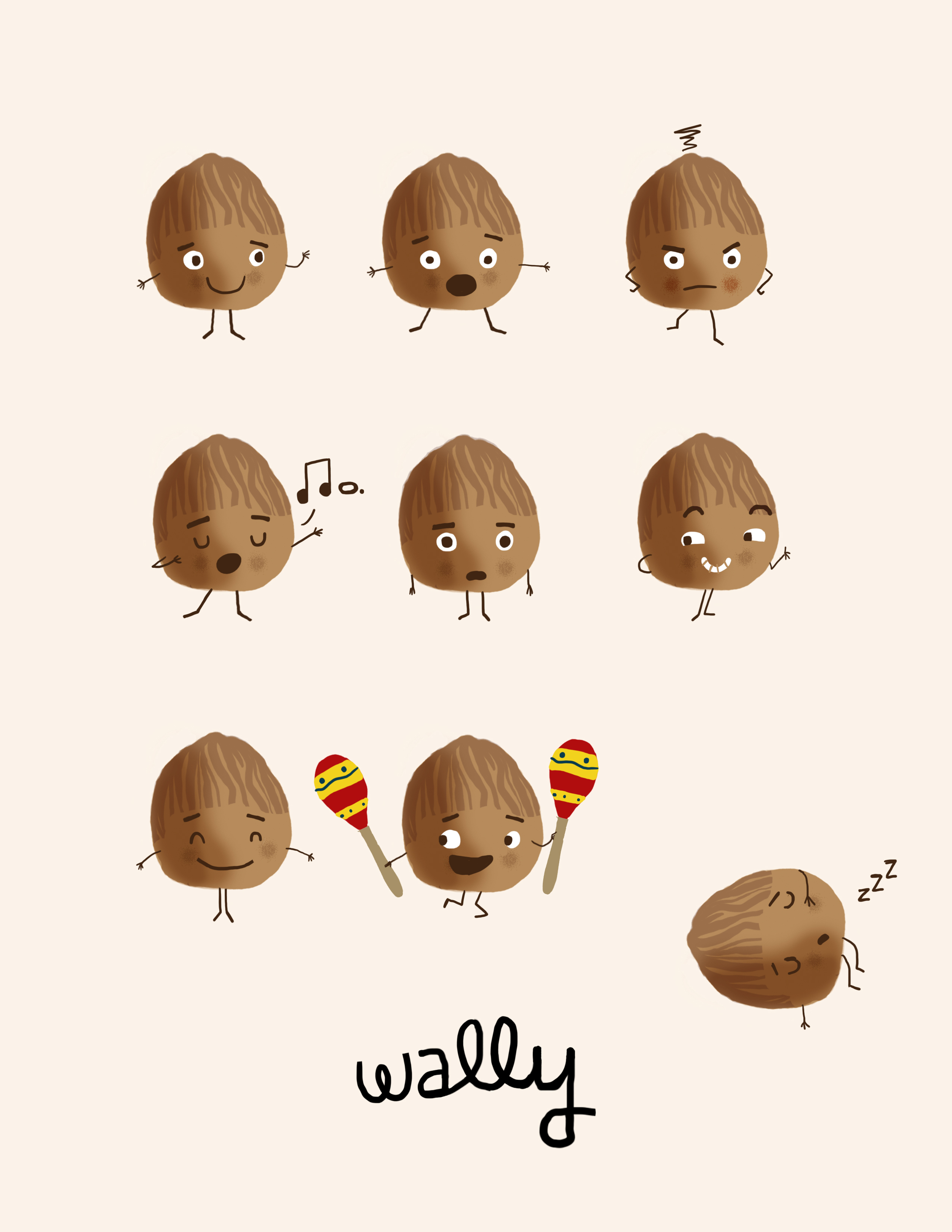 Character sketches of Wally the walnut. His beanie came later as I worked on the interior. 