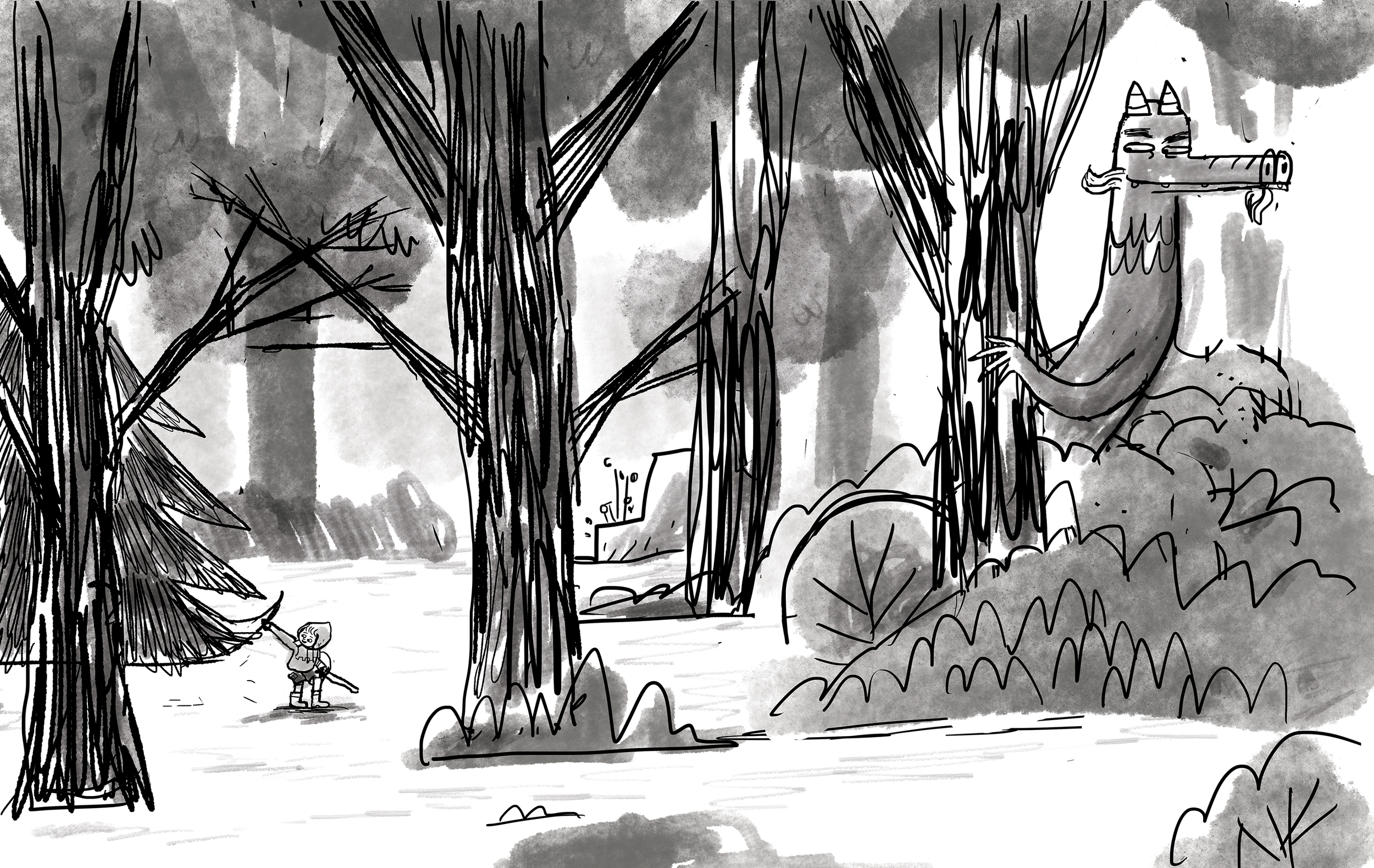Here's the final sketch that was approved for final page (see final color drawings above).