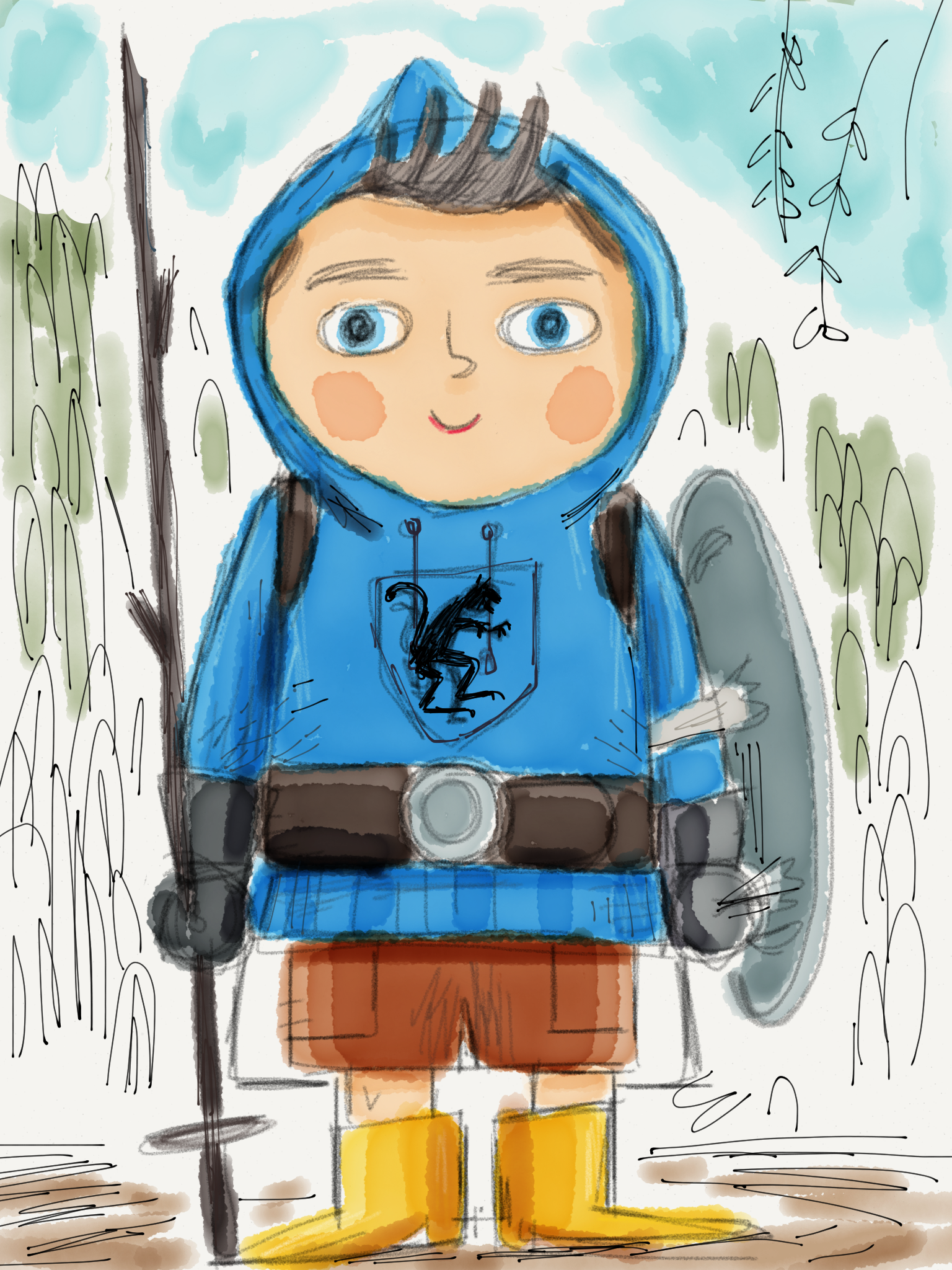 Dev drawing of boy. He was to appear as a self-styled knight. 