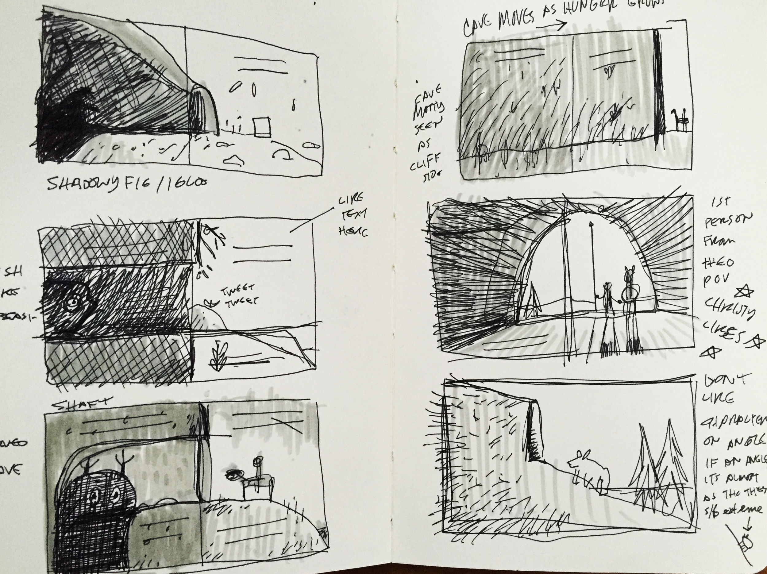 Thumbs of cave scene planning. Some of these show creatures before it was decided Theo was to be a dragon.
