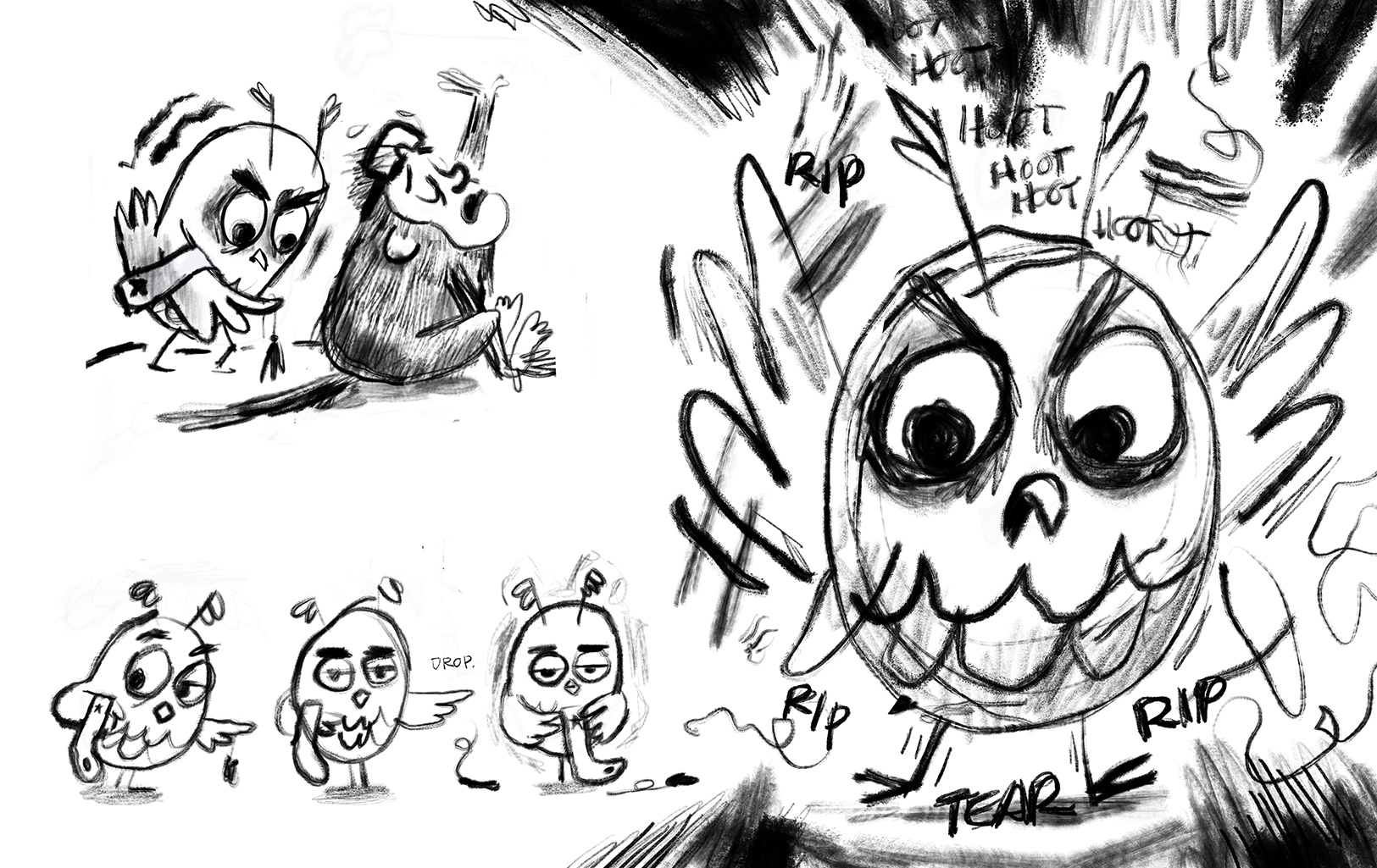 This scene was tricky—original Owl lost his temper when he (SPOILER ALERT!) finds out the bad news. But then this scene evolved to be more a scene of guilt and regret. This drawing represents the text when Owl was angry.