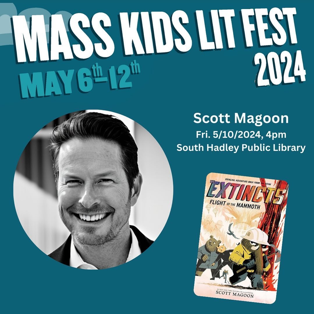 This Friday, western MA friends! Join me &amp; hosts @southhadleypubliclibrary as I read, talk about and draw from THE EXTINCTS graphic novel series at this special @masscenterforbook Lit Fest event. There will be a book sale too, thanks to @odysseyb