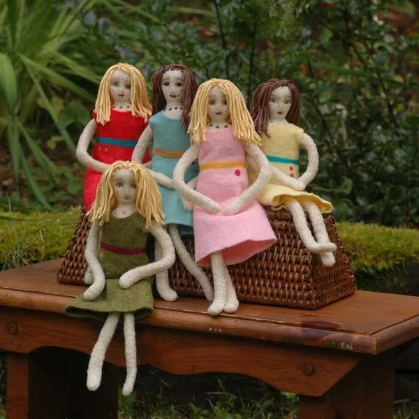 Dolls for Children 10" tall Made from 100% wool in a process of knitting, wet felting and needle felting. Bamboo hair and wool-blend felt clothing.