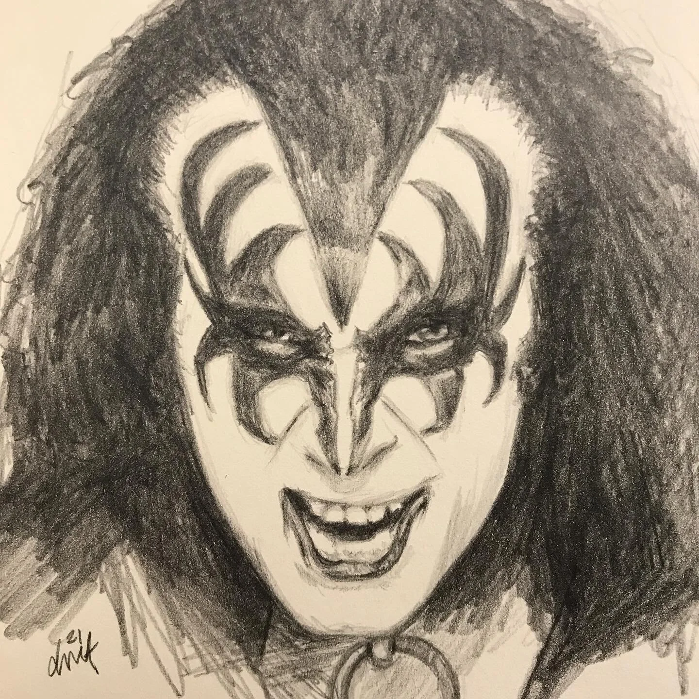 Day19: KISS
“I wanted to be in a band that gave bang for the buck. I wanted to be in the band who didn't look like a bunch of guys who, you know, should be in a library studying for their finals.” —Gene Simmons
pencil in sketchbook