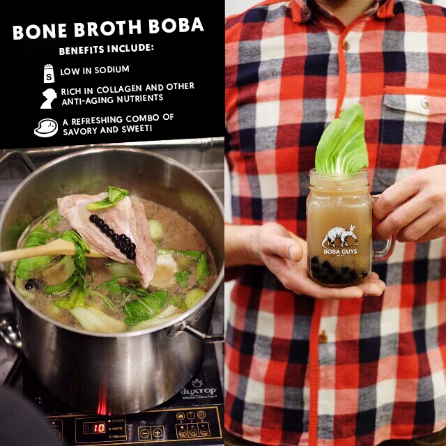 Hi guys, it's all the rage in SF and New York, so we cooked up another ground-breaking drink. Introducing.... #BoneBrothBoba ! We've tailored it around the "3 Bs": boba, bone broth and bok choy. If you're looking for something savory and anti-aging, give it a try and let us know what you think!