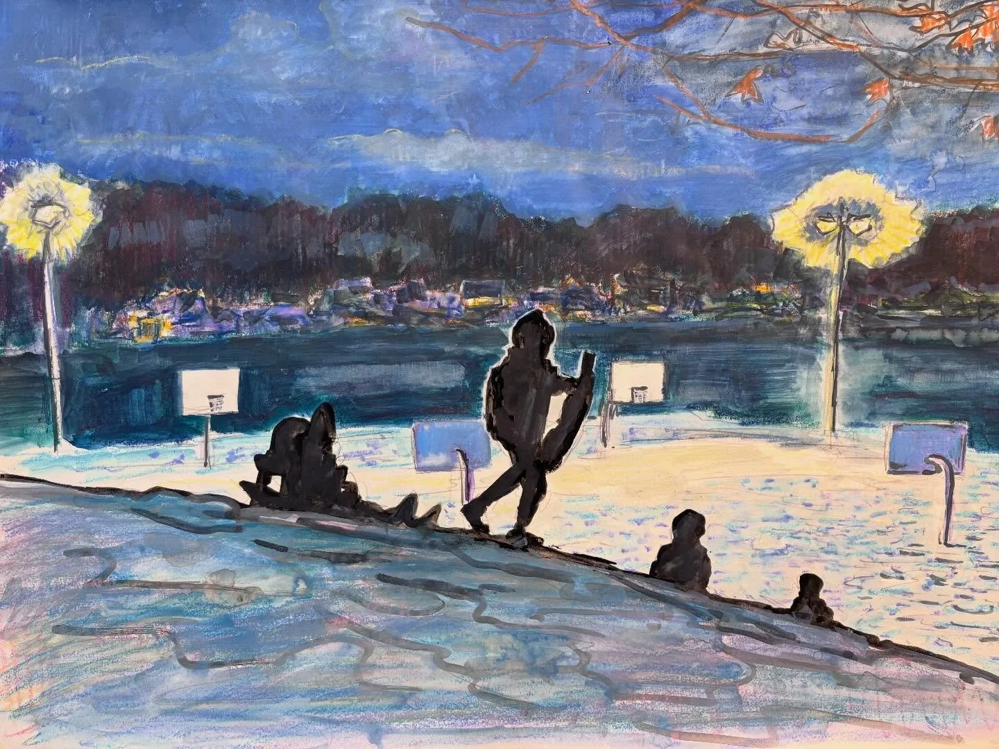 #WatercolorWednesday by #JosephOpshinskyFineArt - Night Sledding
&bull;
&bull;
&bull;
&bull; 
#watercolor #worksonpaper #montcopa