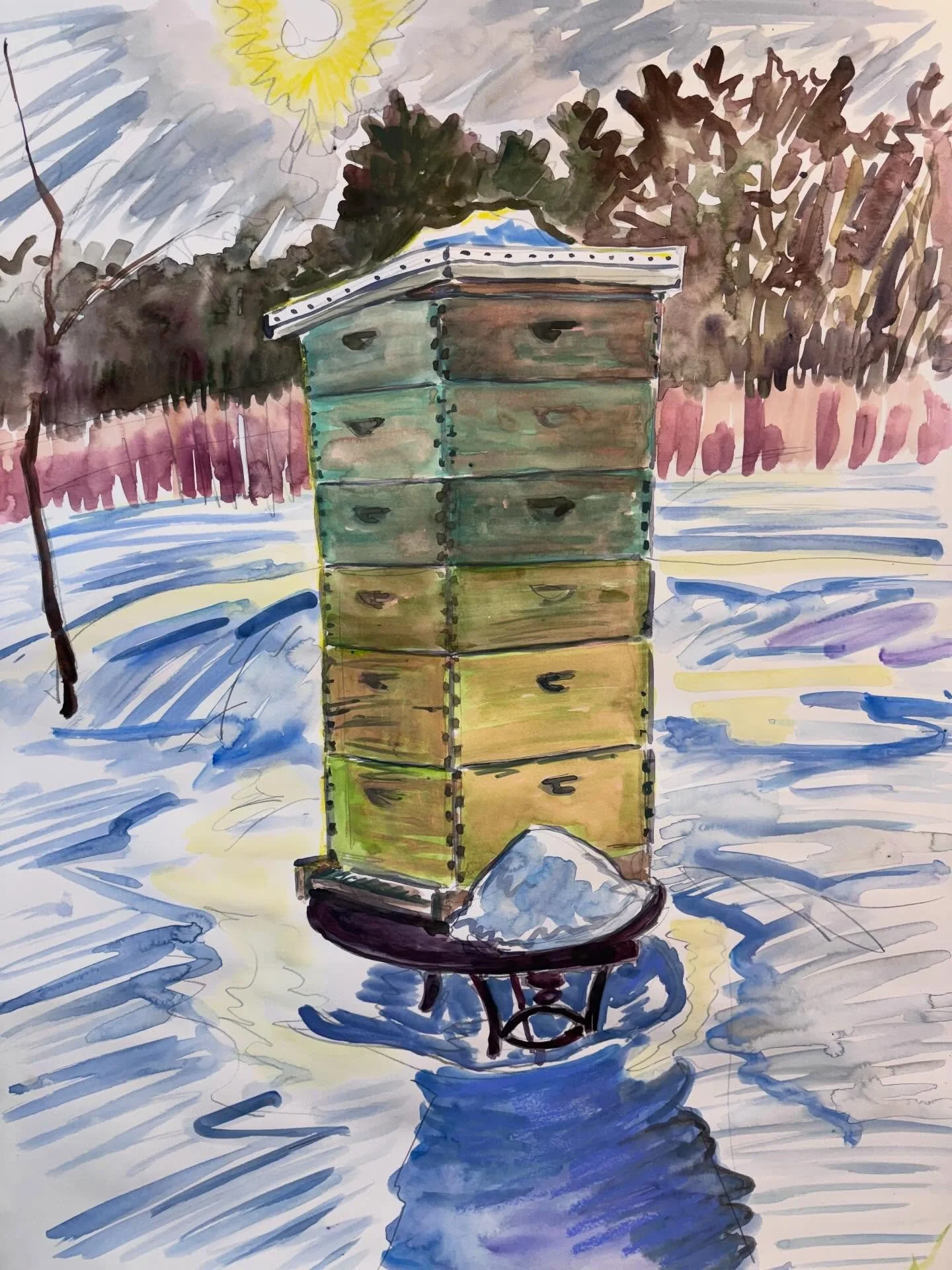 #WatercolorWednesday by #JosephOpshinskyFineArt - 
Cold Weather Beehives
&bull;
&bull;
&bull; 
#watercolor #beehive #worksonpaper