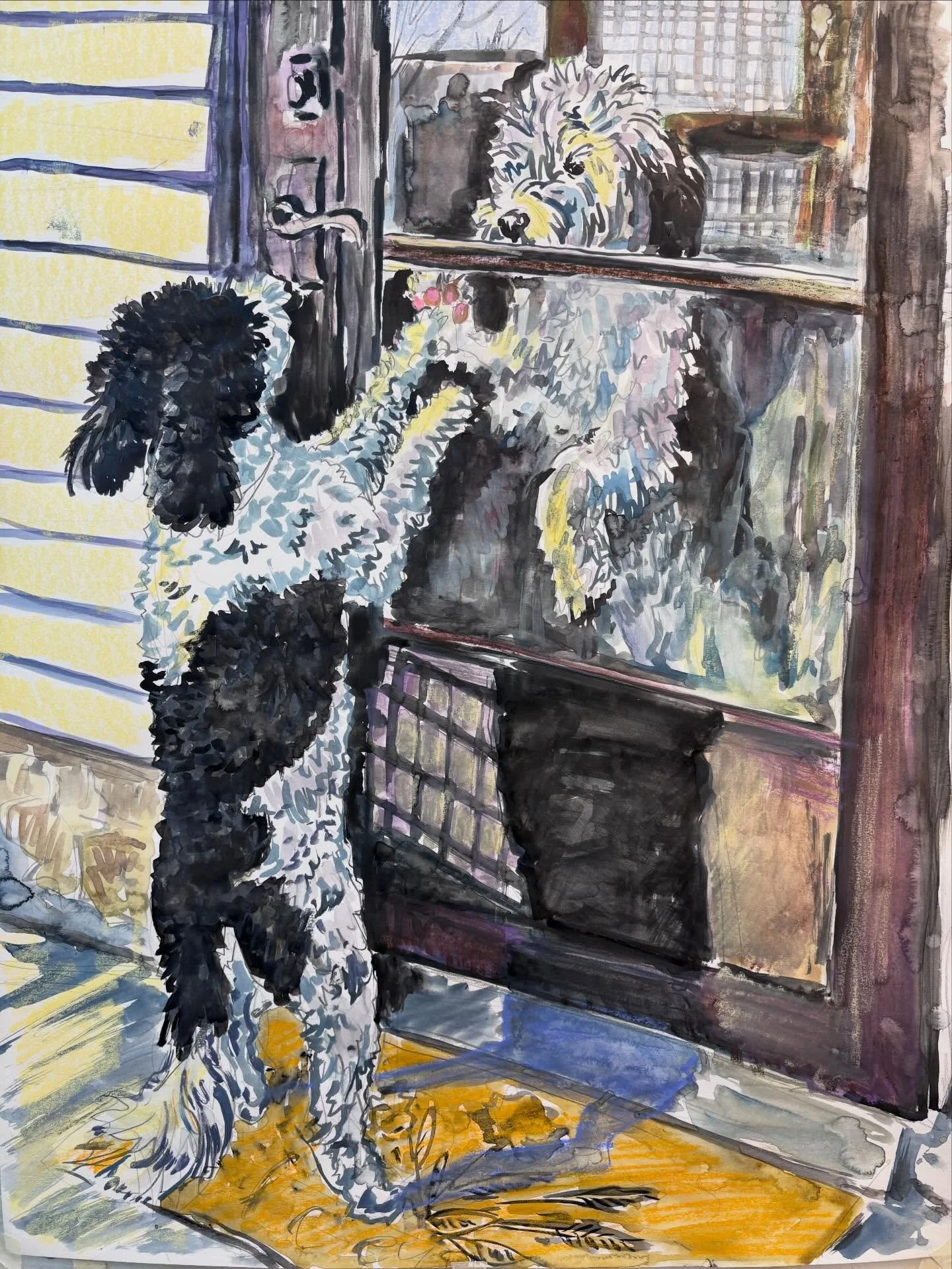 #SneakPreviewSunday new #Watercolor by #JosephOpshinskyFineArt - Dogs at the Door
&bull;
&bull;
&bull;
&bull; 
#minibernedoodle #worksonpaper