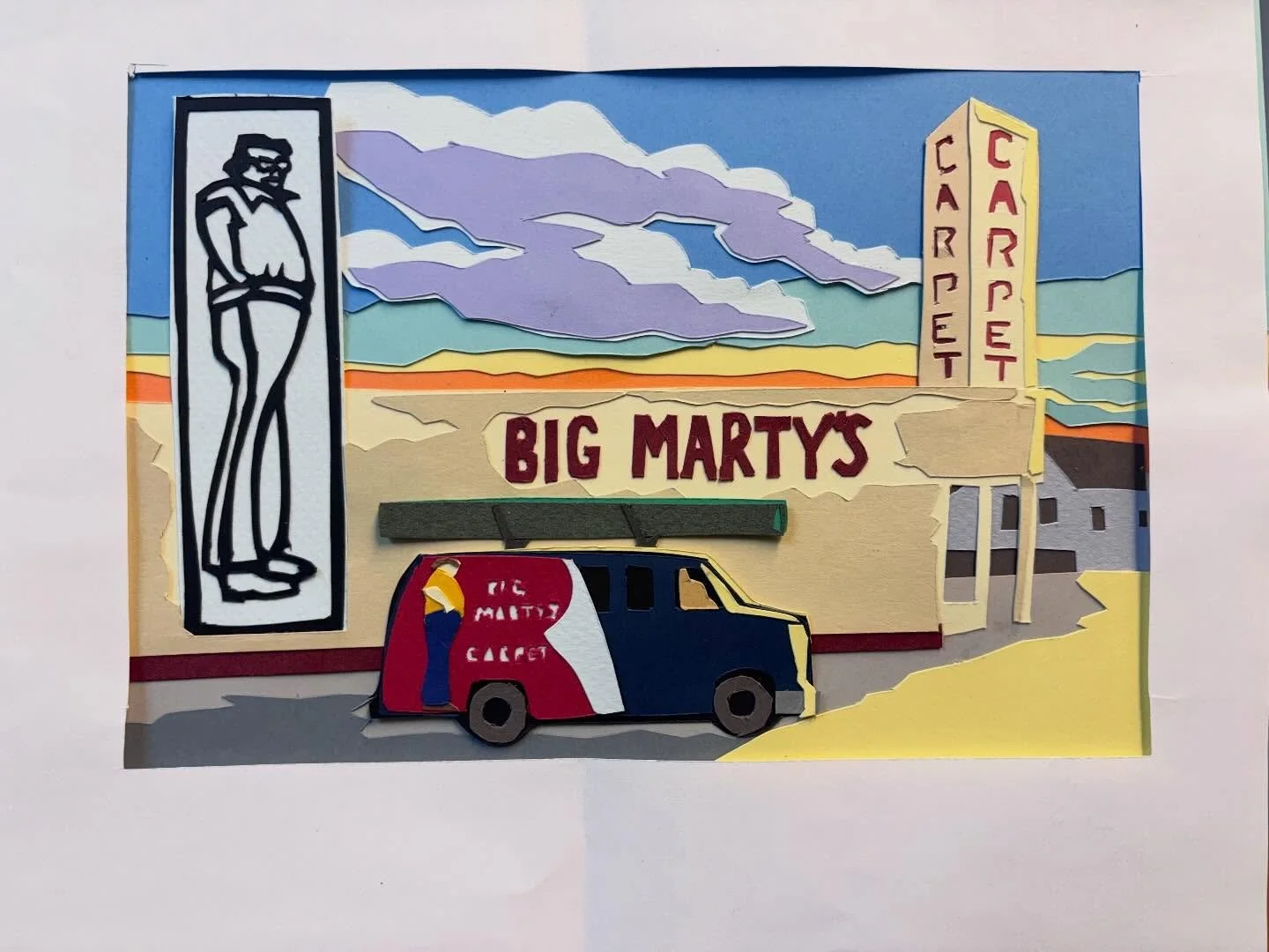#SneakPreviewSunday new #cutpapercollage by #JosephOpshinskyFineArt - Big Marty&rsquo;s Carpet in Penndel, PA &amp; Oldenburg&rsquo;s Clothespin Sculpture, Philadelphia
&bull;
&bull;
&bull;
&bull; 
#philadelphia #bigmartyscarpet