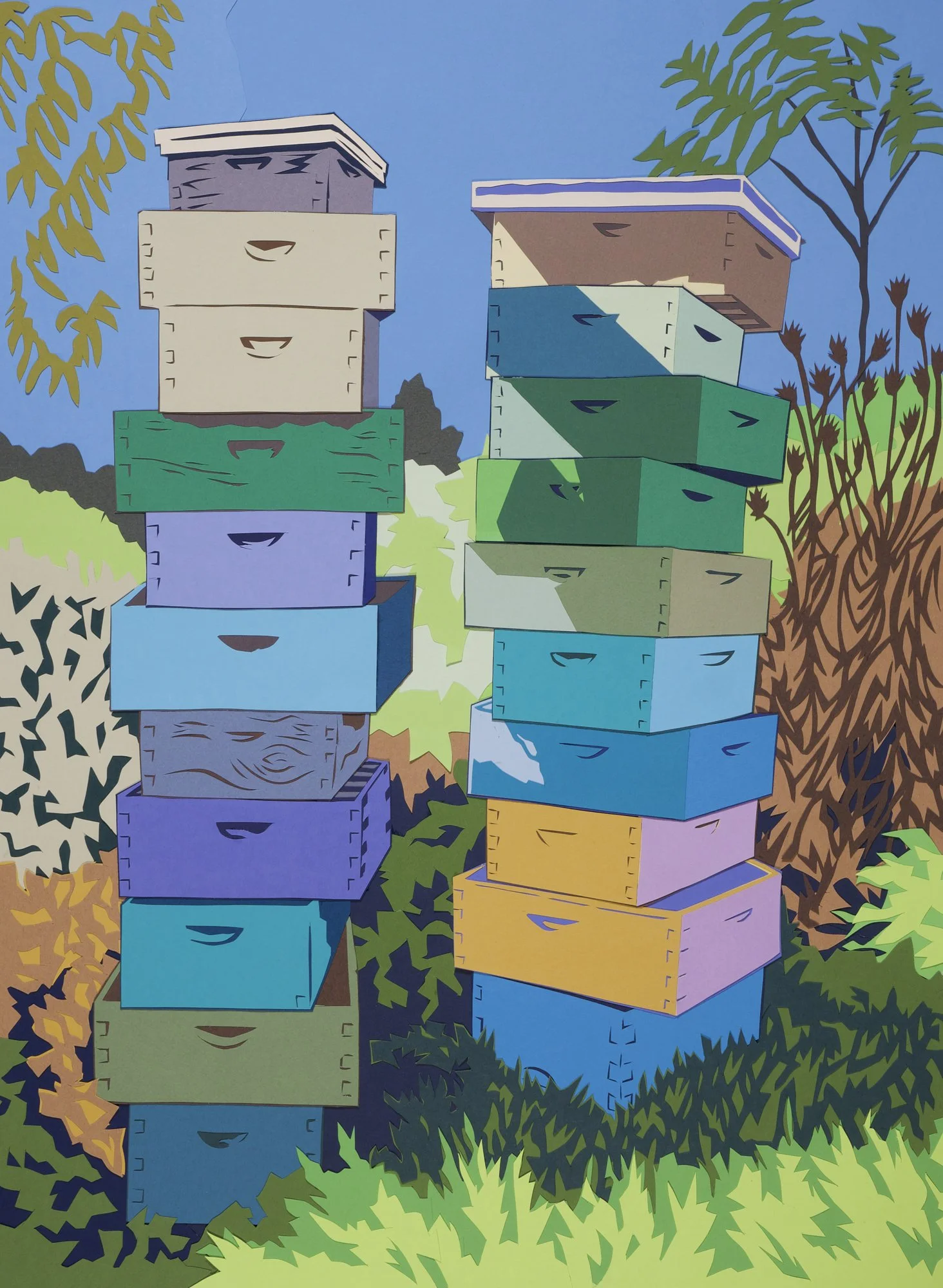 Beehive Double Stack, a cut paper collage by artist, Joseph Opshinsky