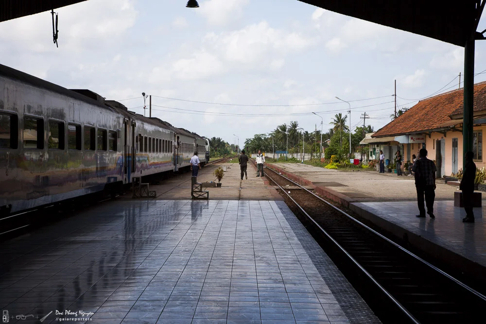 A train station with a train on the left, a platform with a few people walking or standing, and a small building with a red-tiled roof on the right in a rural area with palm trees and utility poles.