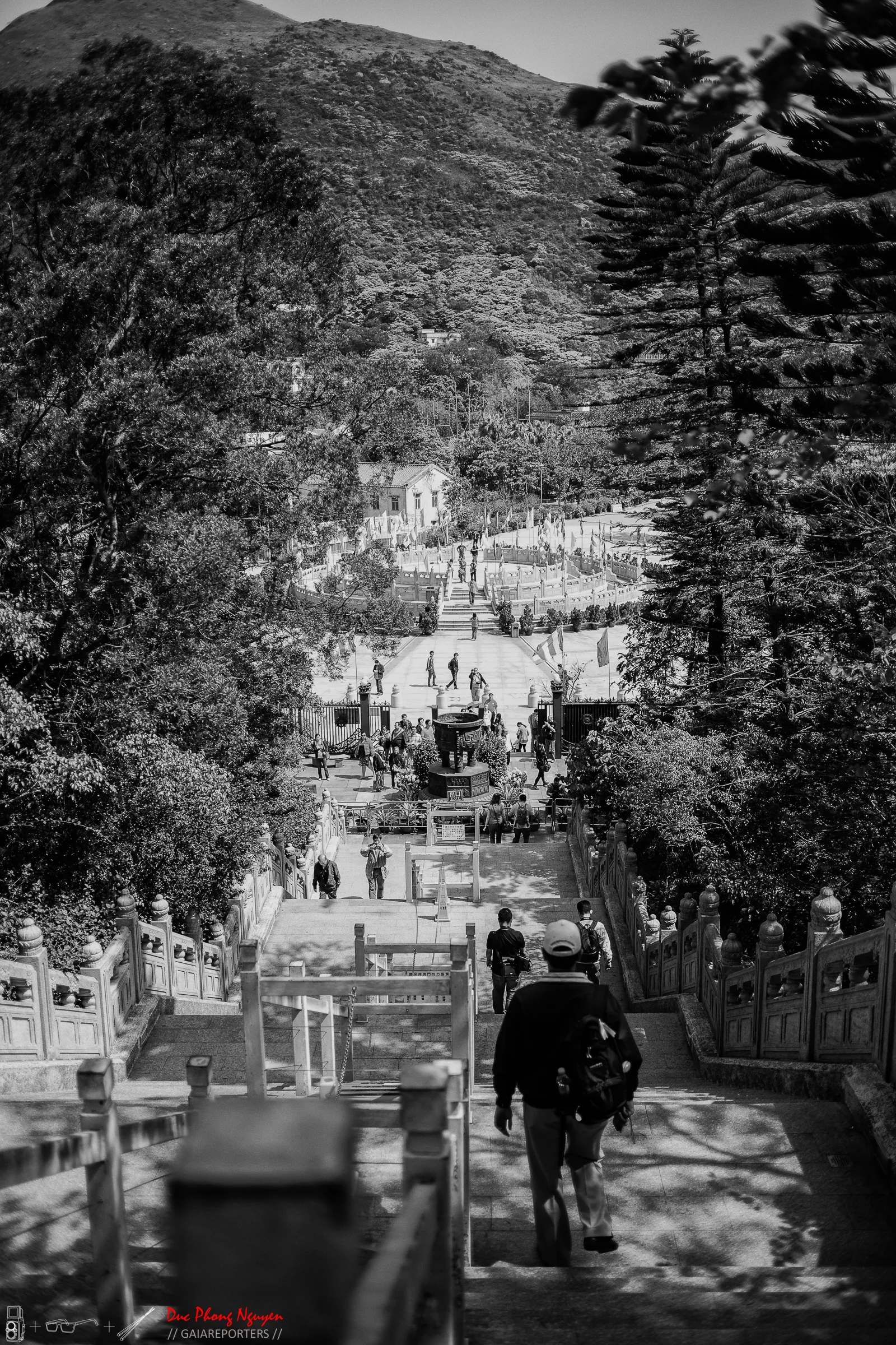 A black and white photo of a crowded outdoor space with stairs leading down to a park or plaza, surrounded by trees and with hills in the background. People are walking and gathering around the area.