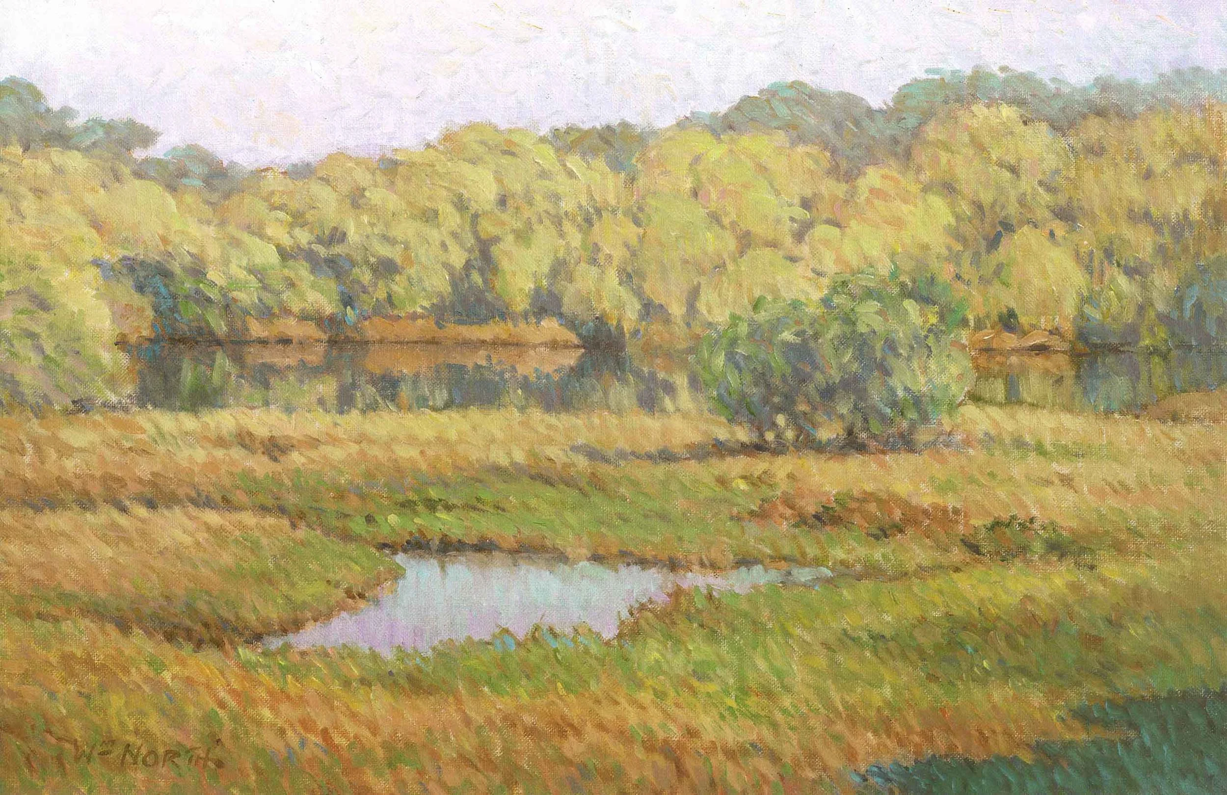 An impressionist painting of a peaceful landscape with a small pond in the foreground, surrounded by green grass and trees with green and yellow foliage, reflecting in the water, under a light sky.