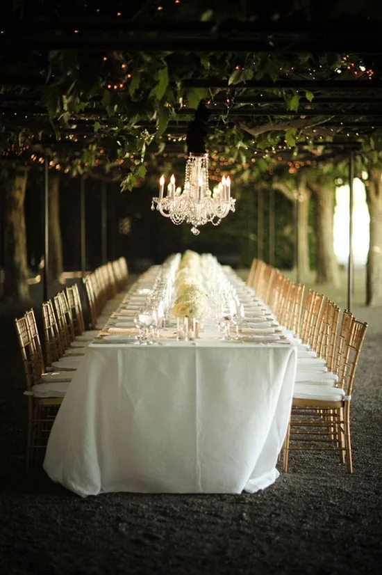 A crazy gorgeous space: A grove of trees with chandeliers intermingled . Swoon.