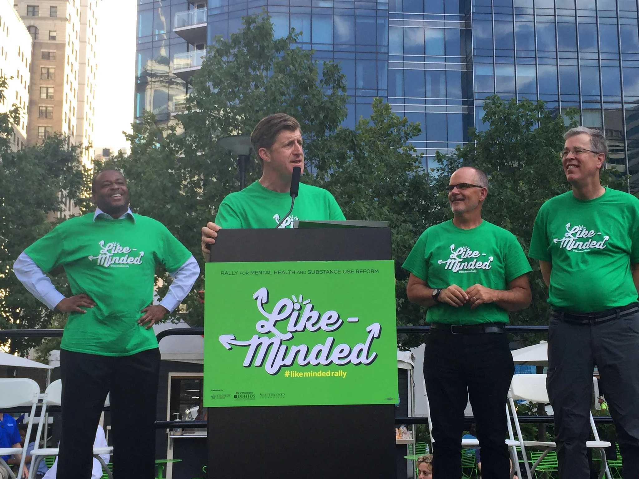 Former U.S. Representative Patrick J. Kennedy speaks to a group in Philadelphia during the Democratic National Convention for the rally his organization, The Kennedy Forum, and the Scattergood Foundation,&nbsp;put on for Mental Health and Substance …