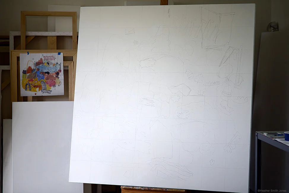 Transferring the drawing to the canvas, using a grid. Old school methods still work.
