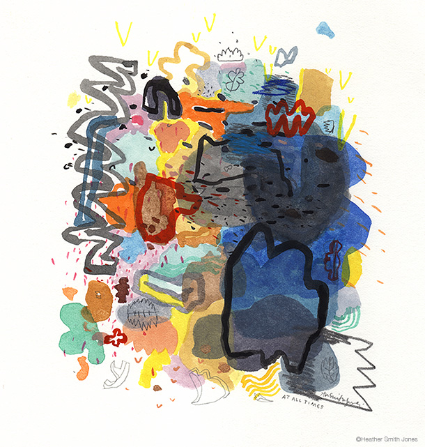 At all times , pencil, colored pencil, watercolor on paper, framed 13 x 14 in., $200- 