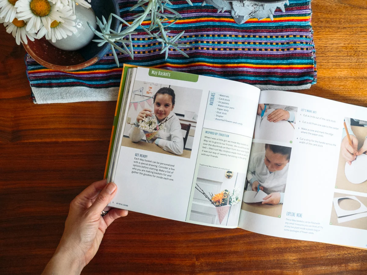Project spread for making May Baskets from Susan Schwake's book Art For All Seasons .