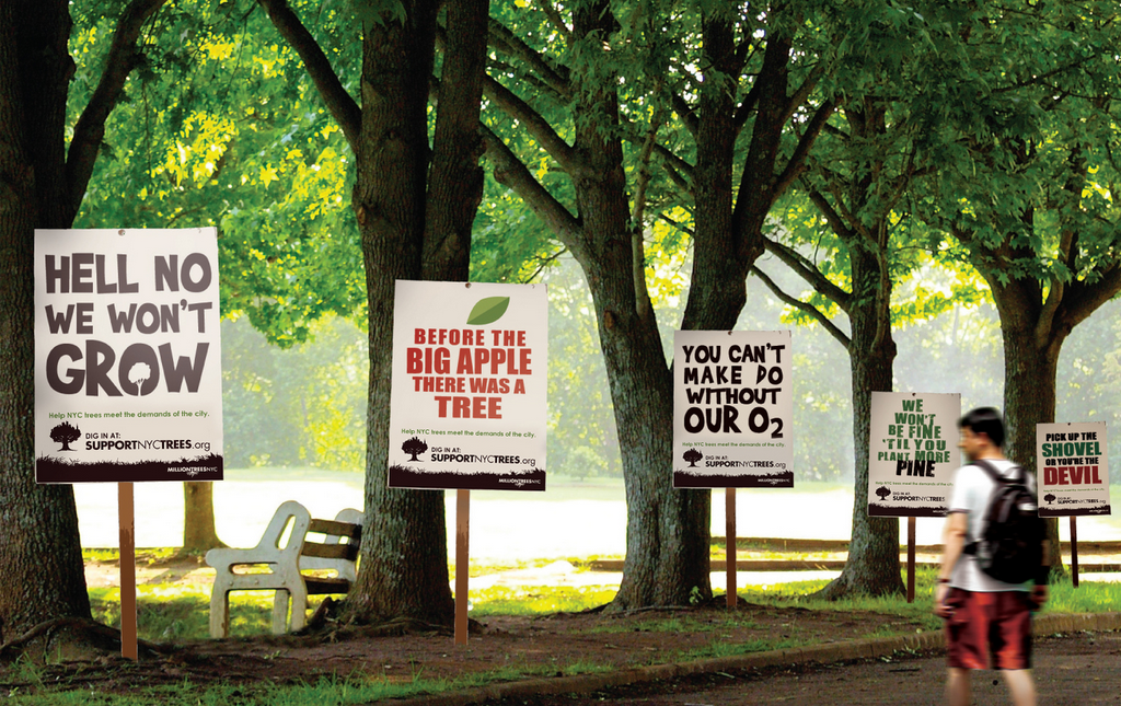   Staged protest:&nbsp; The campaign will kick off with a staged tree protest in which picket signs are placed next to trees all over the city. All signs will have the campaign URL and a QR code directing smart phone users to the site. 