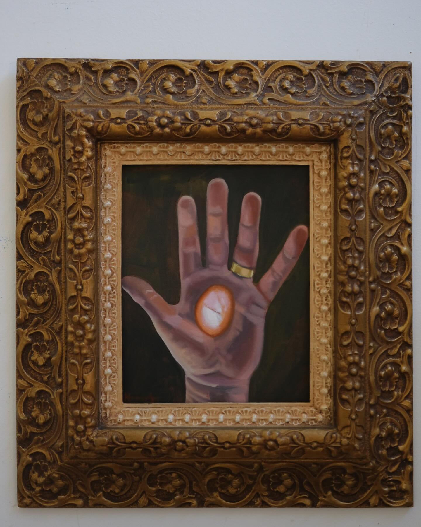 My Beloved
2024, oil on canvas in antique frame, 16 x 18 inches

Our property used to be home to a small commercial chicken farm, with two 140 foot long pole barns. One was long gone before us, and now the site of my studio. The other one remains and