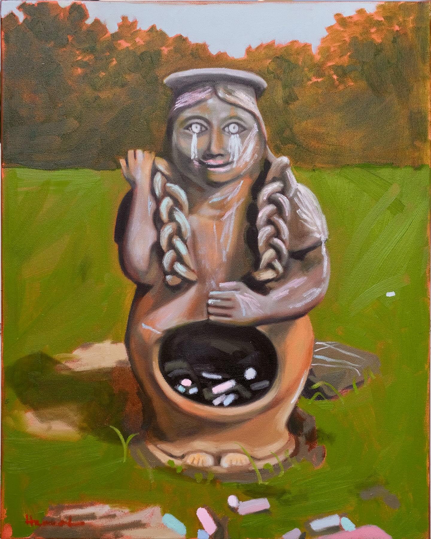 Goddess for Children
2024, oil on stretched canvas, 16 x 20 inches

This chiminea sat in the front lawn of my daughter&rsquo;s daycare for years like a sentinel. I would walk past this utilitarian sculpture daily and she would have chalk scrawled and