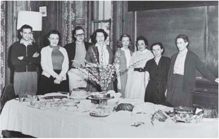 Ruth Simon (third from right) at a going away party for Inge Lehmann (far right). Photo taken at Lamont Hall circa 1954. Reproduced courtesy of Lamont-Doherty Earth Observatory.