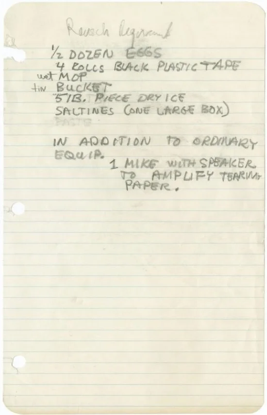 Rauschenberg’s handwritten partial prop list for his performance Spring Training, first performed at Judson Dance Theater, Dance Concert II, May 11–13. Photograph Collection. Robert Rauschenberg Foundation Archives