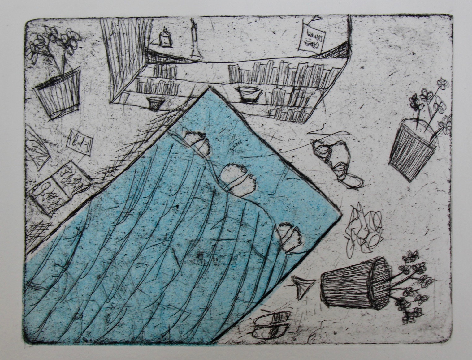 “Toes in Bed” Intaglio print by Nora Waters