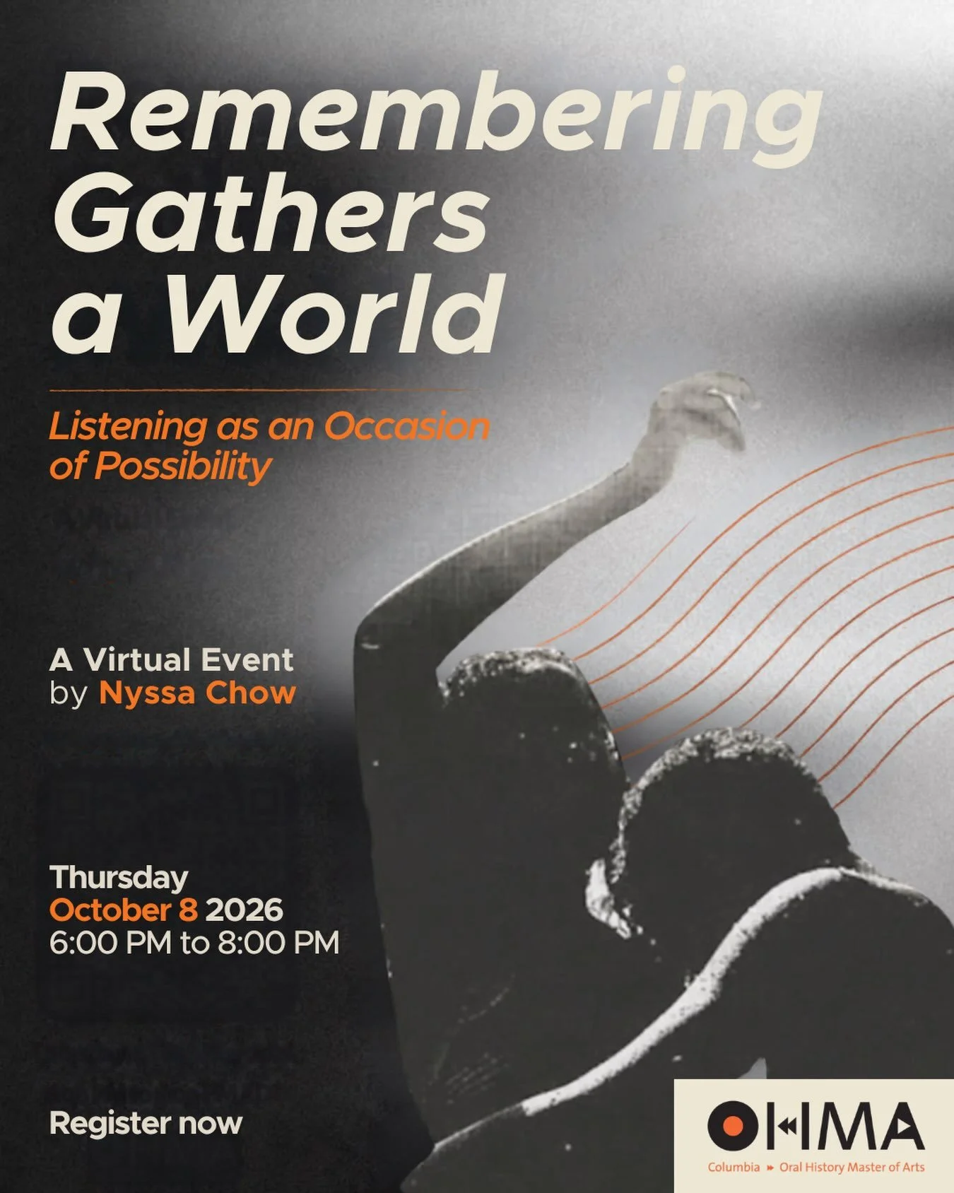 How does remembering language you? What languages are you beyond words? 

Join memory worker and oral historian Nyssa Chow this Thursday (Oct. 8th) from 6:00 PM to 8:00 PM for the next event in our year-long series: Keeping Memory: Oral History Pract