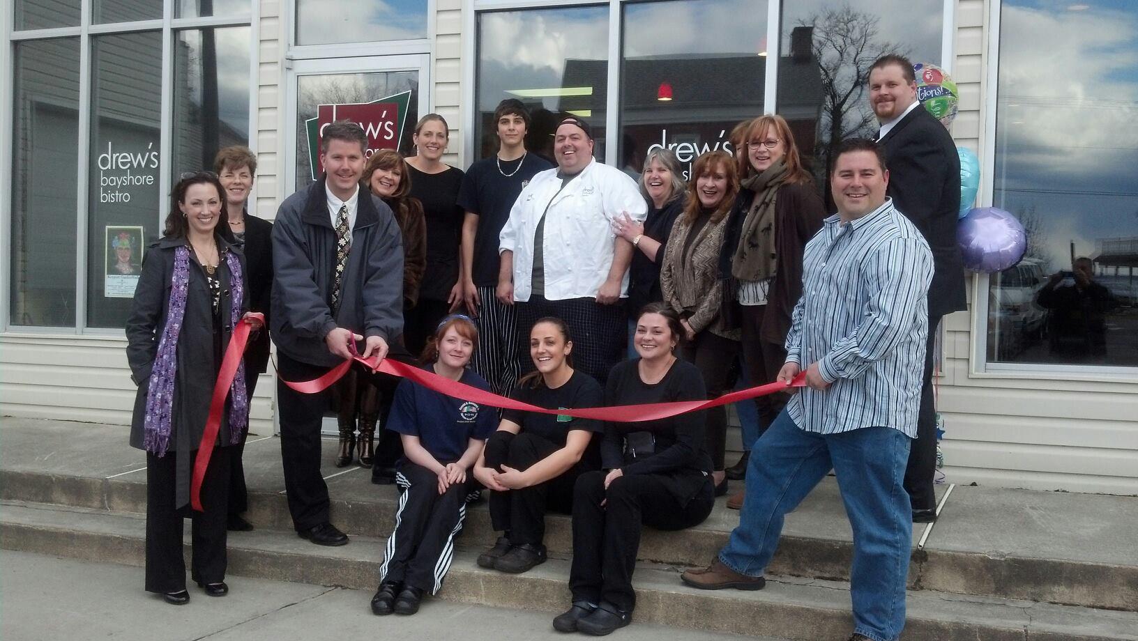 Chef Drew Araneo and team in front of the new, post-Sandy Drew's Bayshore Bistro (photo from Facebook, Drew's Bayshore Bistro)