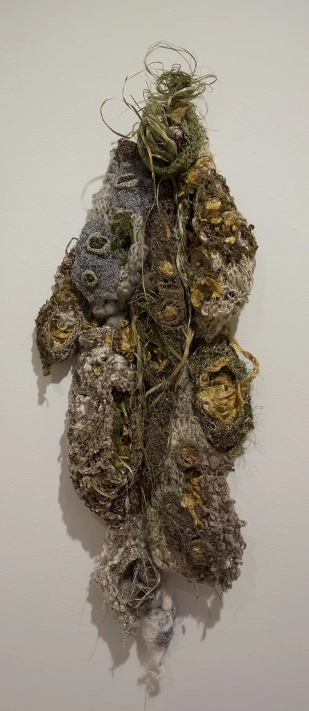 Holometabolous Entry Point(s) (THISISMYHOMAGETOHOME) Media: Artist-spun hemp, flax, merino wool, and silk noil yarn. Mohair, silk, kibiso (waste) silk, kakishibu tokkenshi (persimmon & charcoal dyed silk), cotton, copper, stainless steel, acrylic fiber, bamboo, cricula cocoons, chu-ito (ramie) tassar silk, dried hemp strands, a pine cone, Spanish moss. 44" x 14" x 7" December 2013