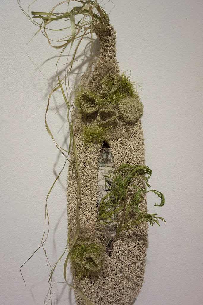 Belly Cotton, silk, linen, kibiso(waste) silk, chu-ito (ramie) tassar silk, dried hemp strands, paper, pine, birch. 7"x27"x5" December 2013
