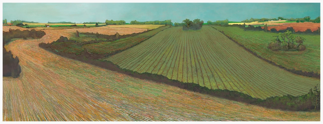 Flat Country Agricultural Landscape, 2011, oil on canvas, 20x52 inches, collection of Doris and Dan Hixon, Nashville, TN