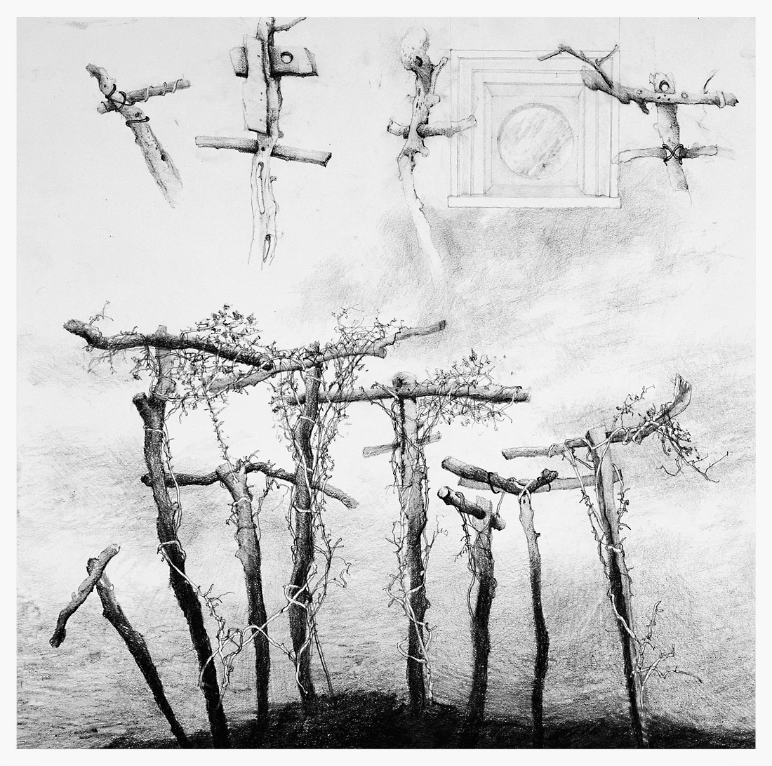 Garden Stakes and Entered Images, 1980-87, graphite on paper, 11.5x12 inches, collection of David White, Laguna Niguel, CA
