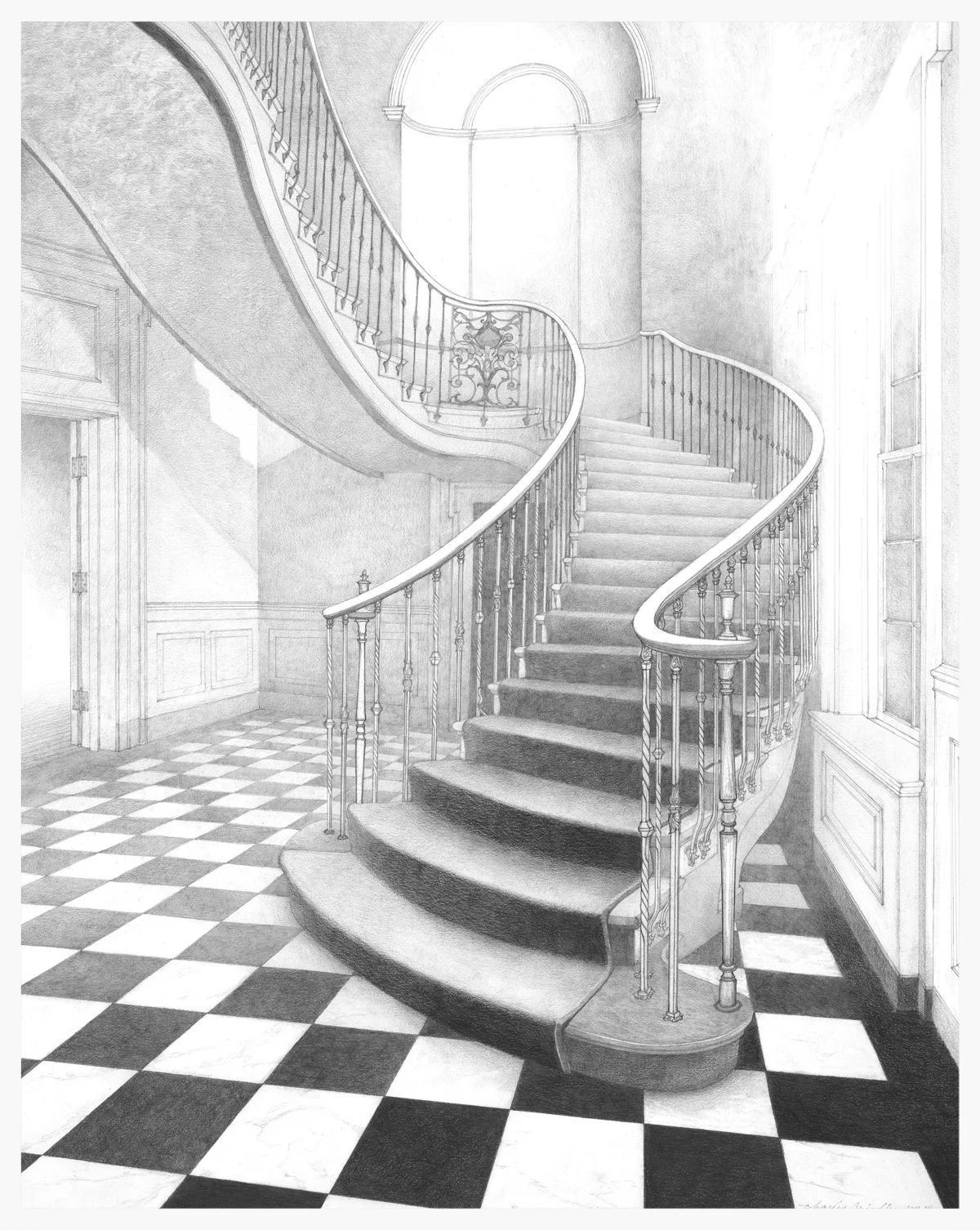The Grand Staircase at the Tennessee Residence, 2003, graphite on paper, 29x23 inches, private collection, Nashville, TN