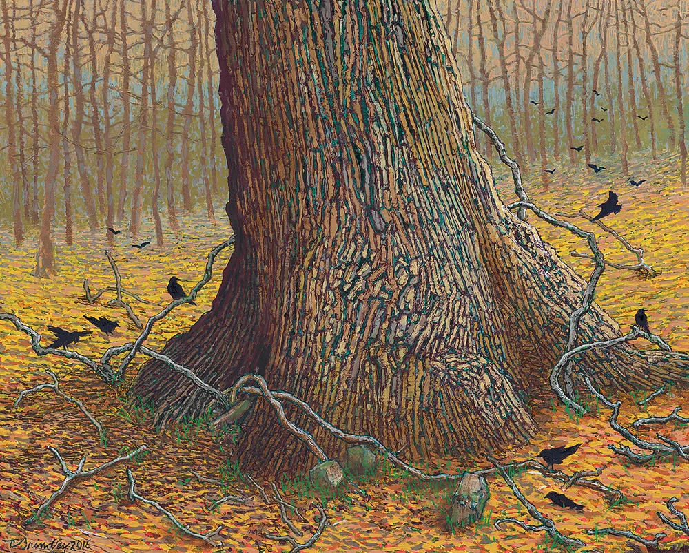 Ancient Red Oak with Crows and Grape Vines, Autumn, 2015-16, oil on linen, 16x20 inches, collection of Craig Pulliam, Nashville, TN 