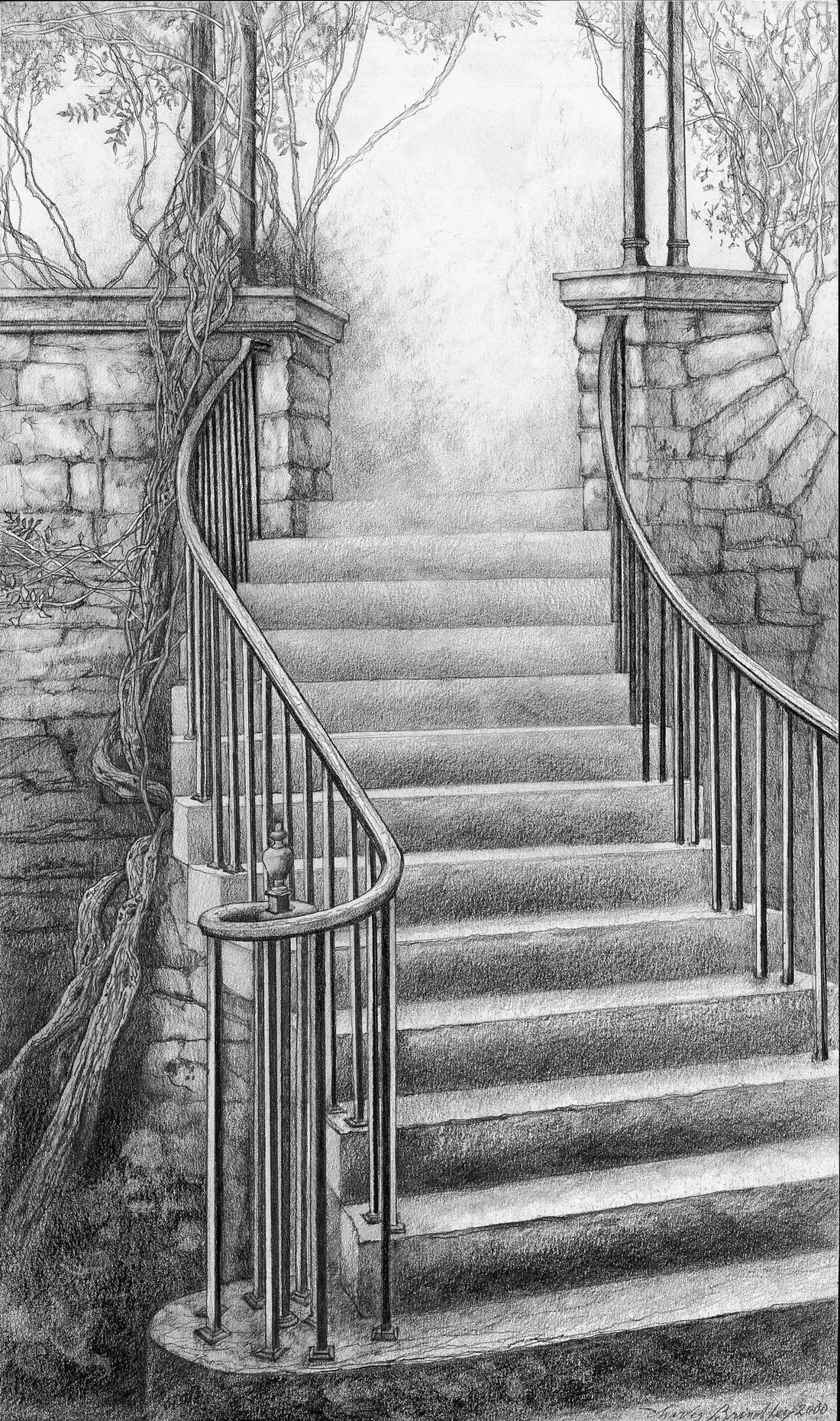 Left Staircase Leading to Wisteria Arbor, 2000, graphite on paper, 17x10 inches, collection of Cheekwood Botanical Garden and Museum of Art, Nashville, TN
