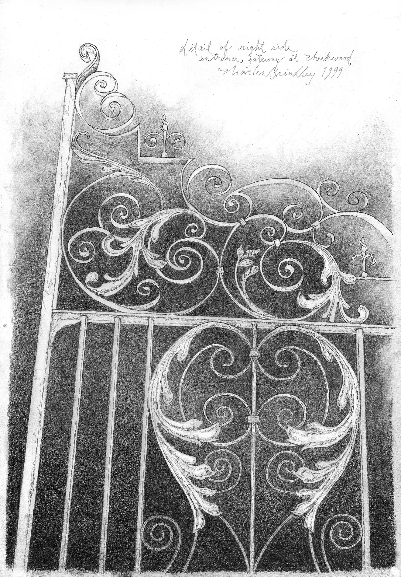 Right Side of Entrance Gate to Cheekwood, 1999, graphite on paper, 17x10 inches, collection of Cheekwood Botanical Garden and Museum of Art, Nashville, TN