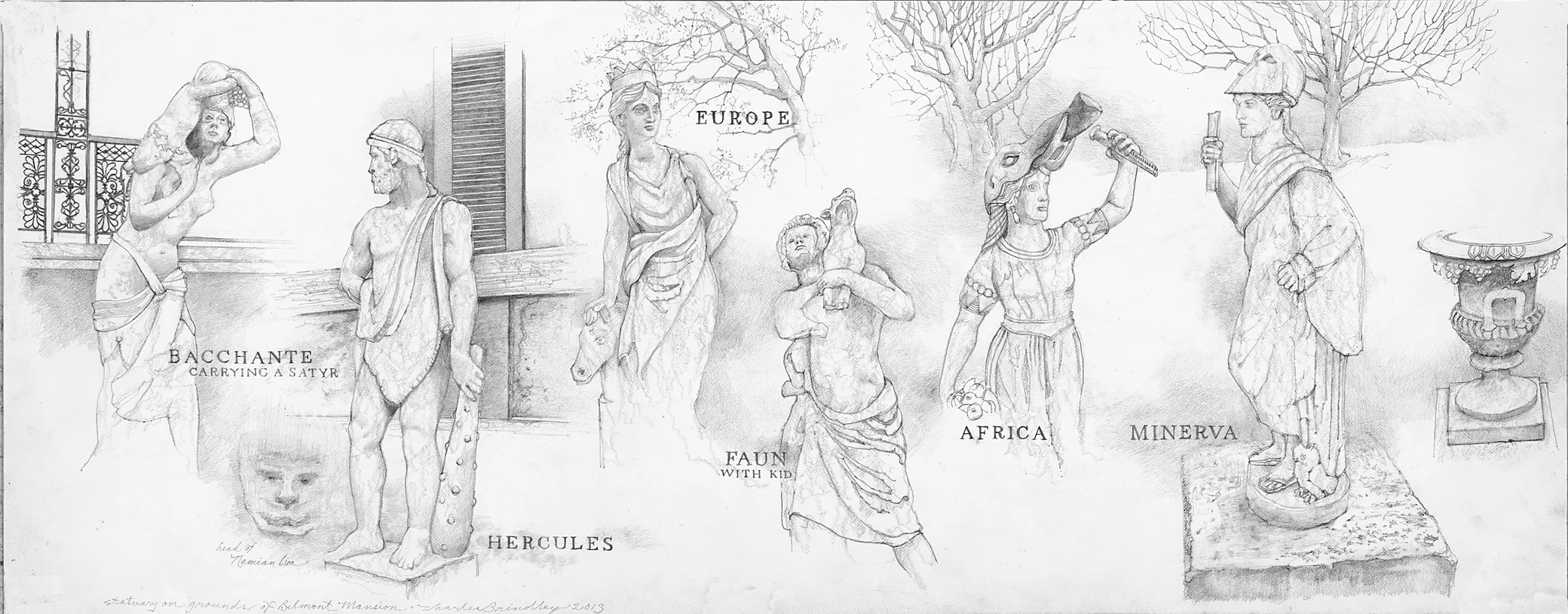 Statuary on Grounds of Belmont Mansion, 2013, graphite on paper, 11.5x29 inches, collection of Belmont Mansion, Nashville, TN