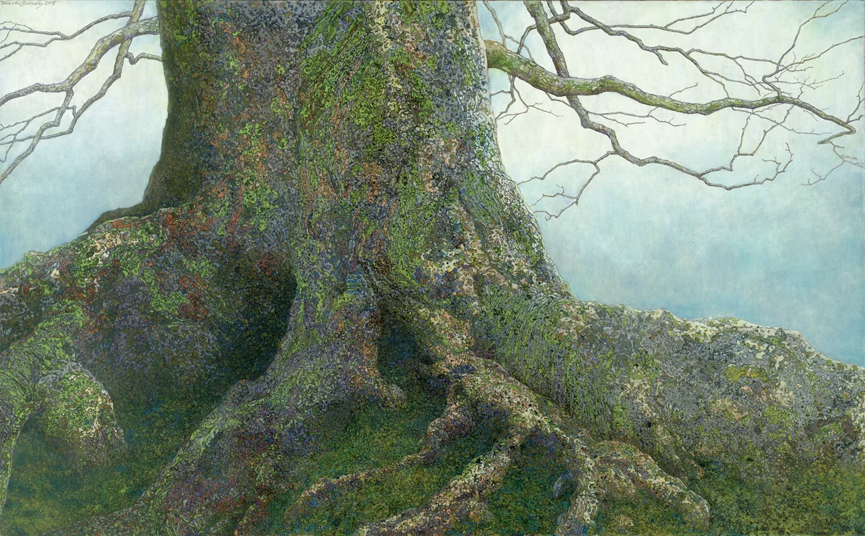 Trunk Section of Old Beech Tree in Forest, 2008, oil on canvas, 36x60 inches, collection of Susan and Ray Basham, Nashville, TN
