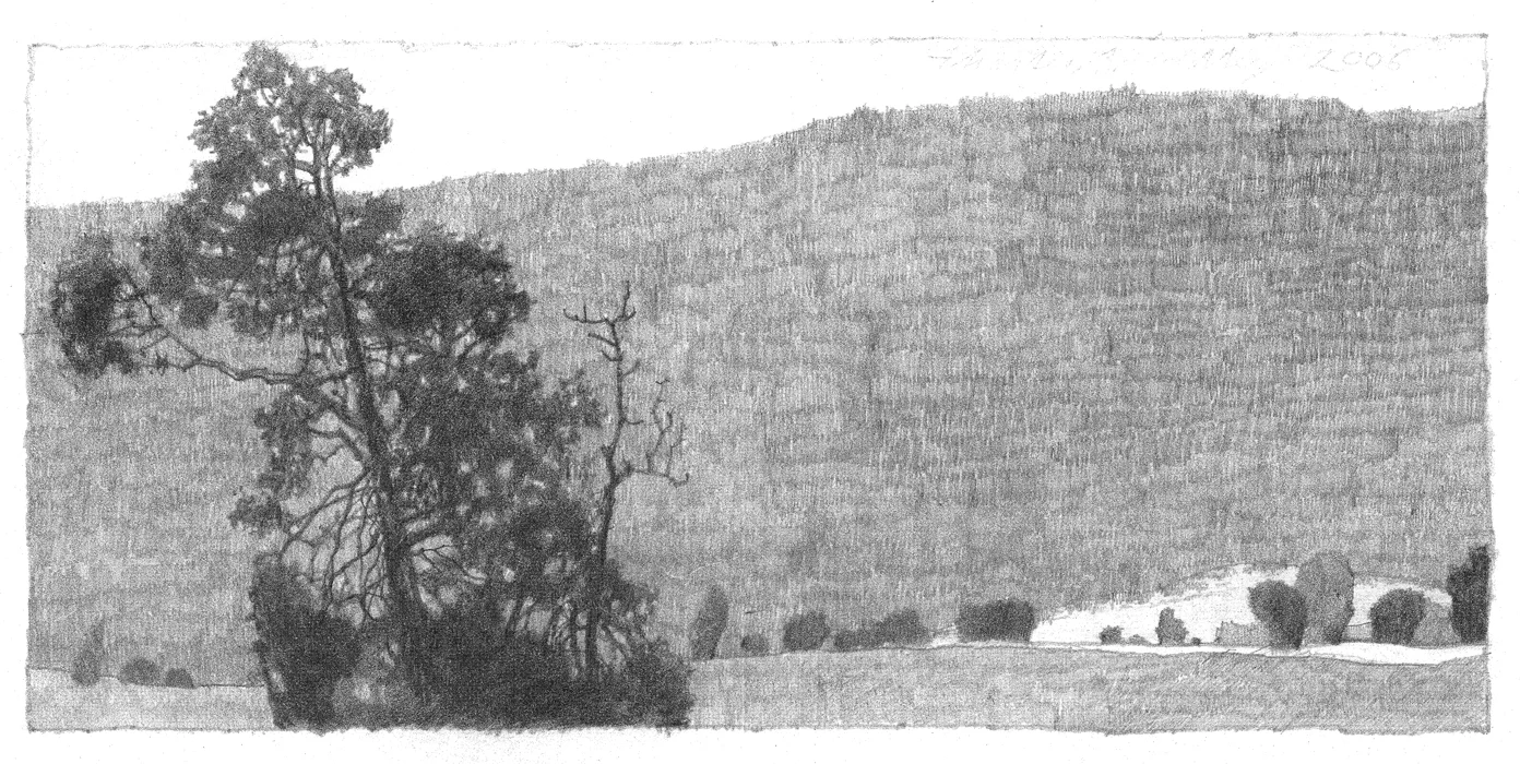 Study for Landscape at New Market, 2005, graphite on paper, 4.5x9.5 inches, collection of Skila Harris and Fred Graham, Washington, DC 