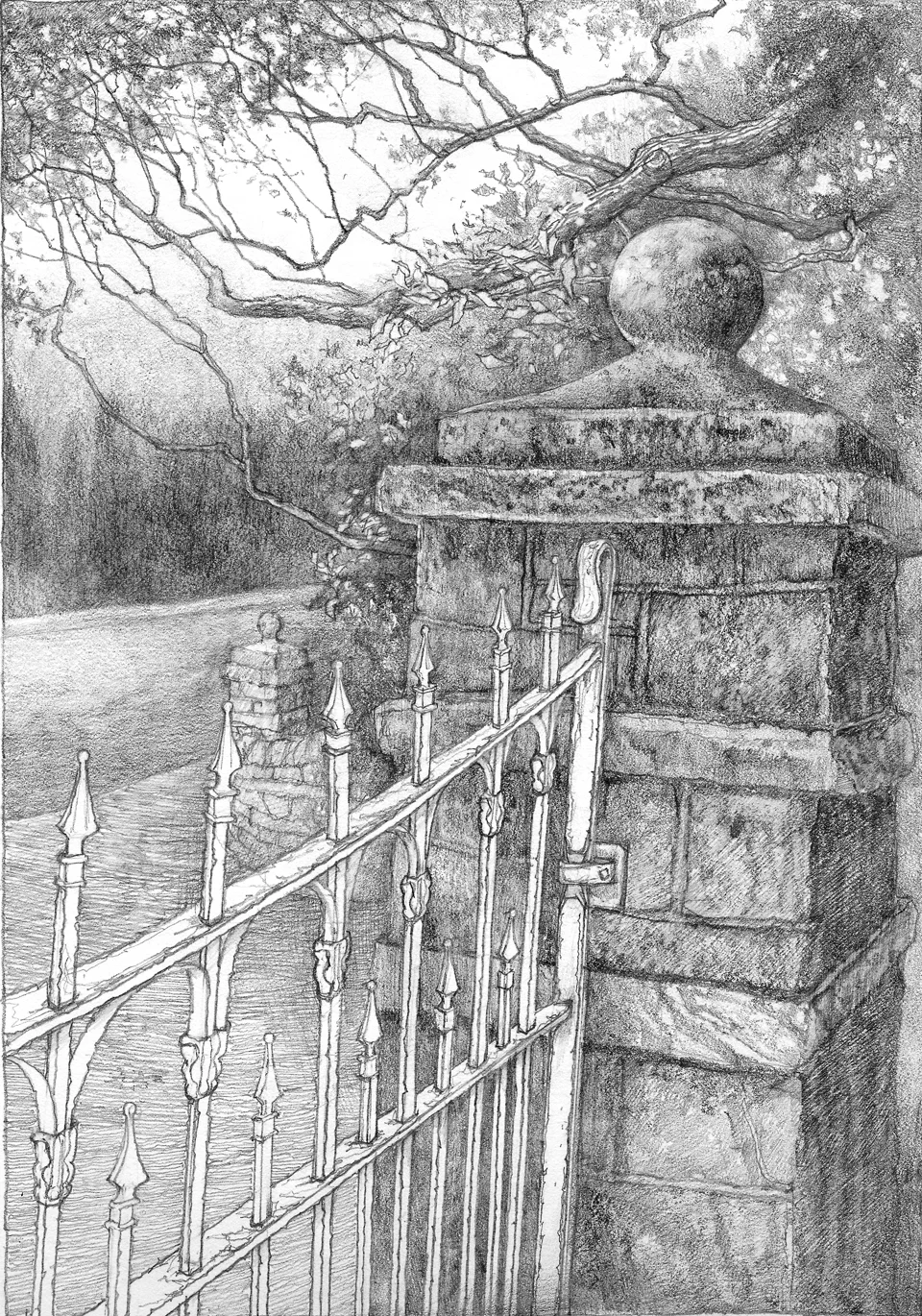 Left Side of Entrance Column and Gate at Glen Leven, 2013, graphite on paper, 10x7 inches, collection of Peggy Warner, New York, NY