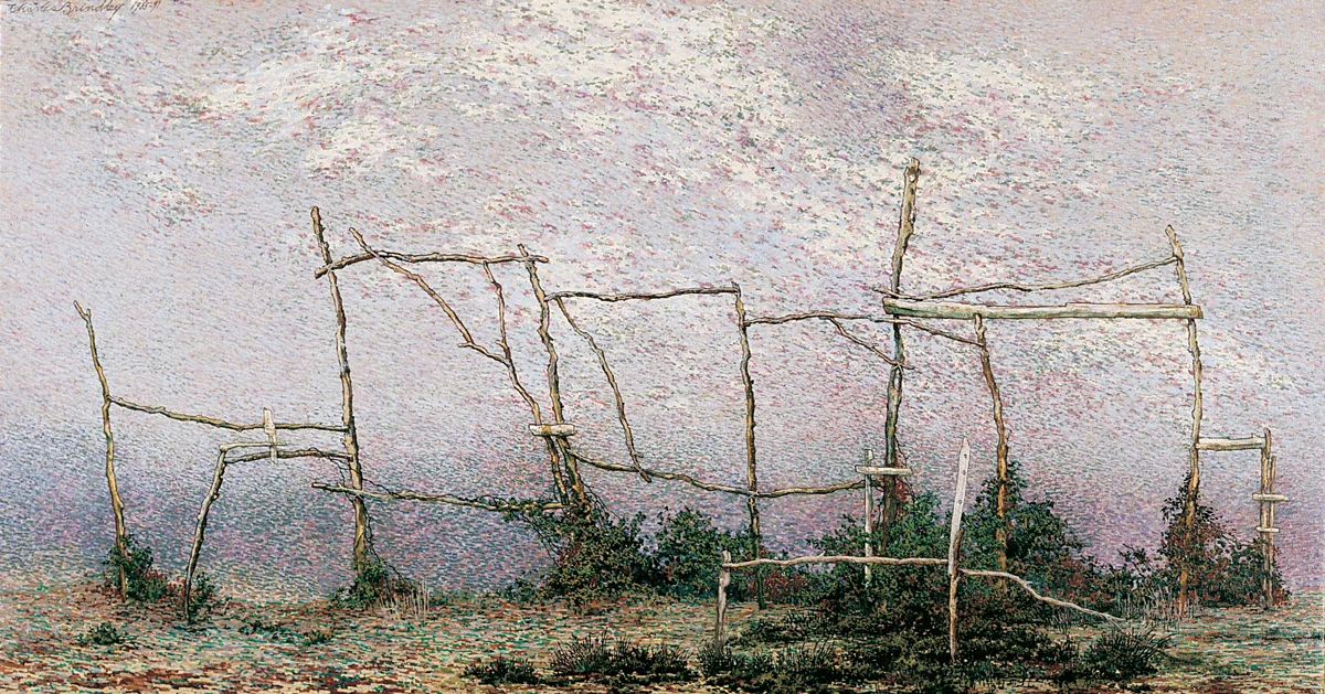Garden Stakes in Fallow Field, 1985-91, oil on linen, 24x46 inches, inventory of the artist