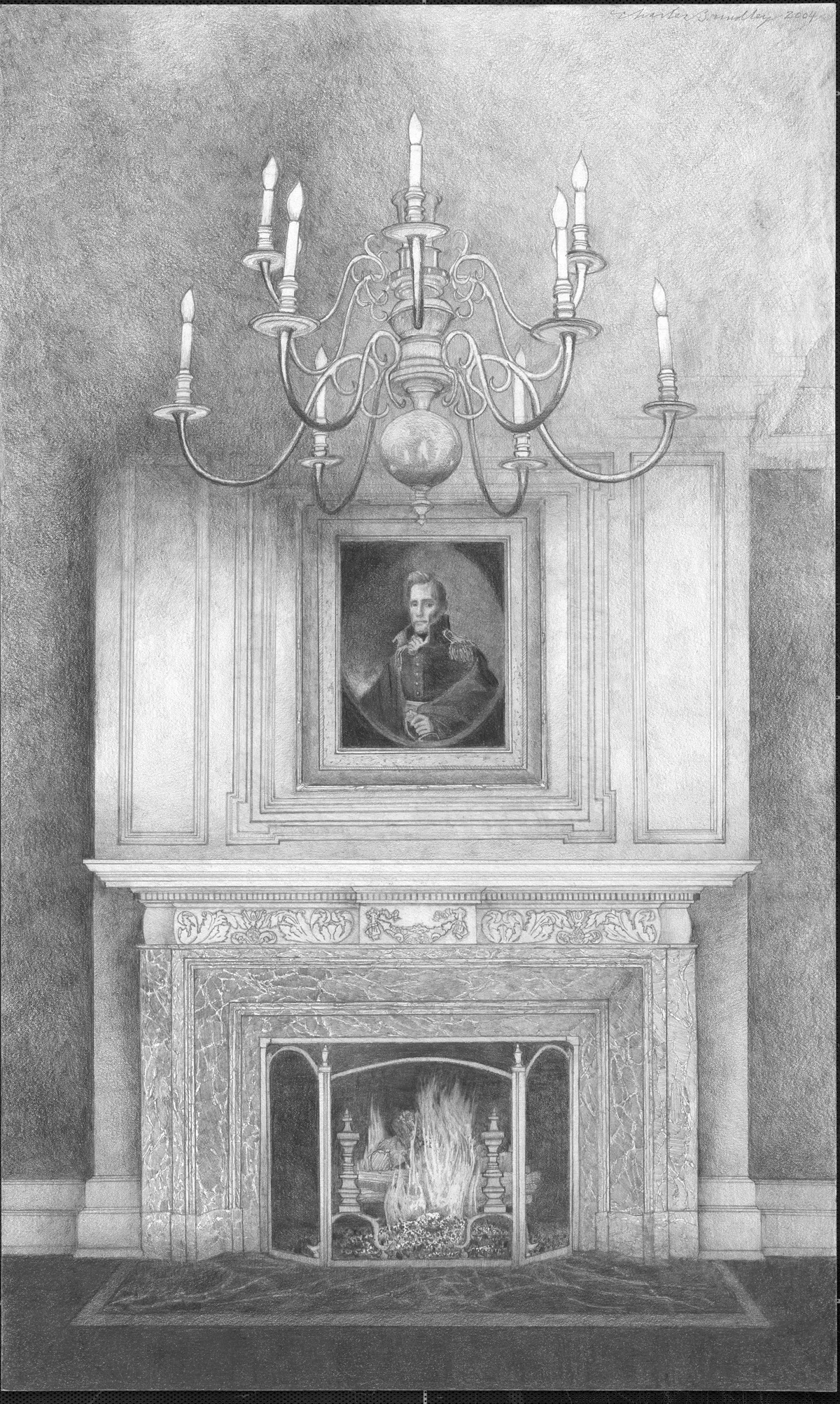 Drawing Room at the Tennessee Residence, 2004, graphite on paper, 24x16 inches, private collection, Nashville, TN