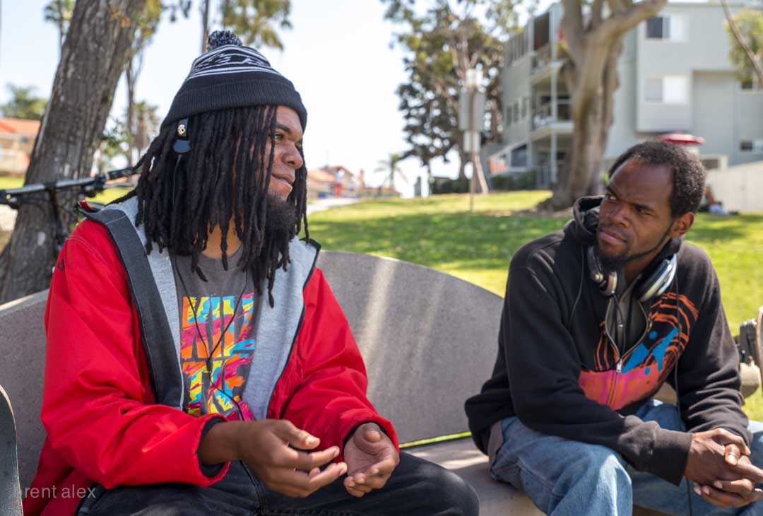 Winston (Redondo Beach, CA.) shares his perspectives with a friend at a public park concerning two recent violent incidents resulting in death between a black male and police enforcement. Both scenes were caught on video. The April 4 shooting death of Walter Scott in South Carolina, involving white law enforcement officer, Michael Slager has caught national headlines and widespread discussion of racism. The second case in discussion occured in downtown Los Angeles, March 1, 2015 involving Charly “Africa” Leundeu Keunang a, a homeless black male on Skid Row and multiple officers. Police have said Keunanga had robbed and assaulted another Skid Row male. Arriving at the scene, a rookie officer's holstered pistol was grabed, prompting three others to fire. 