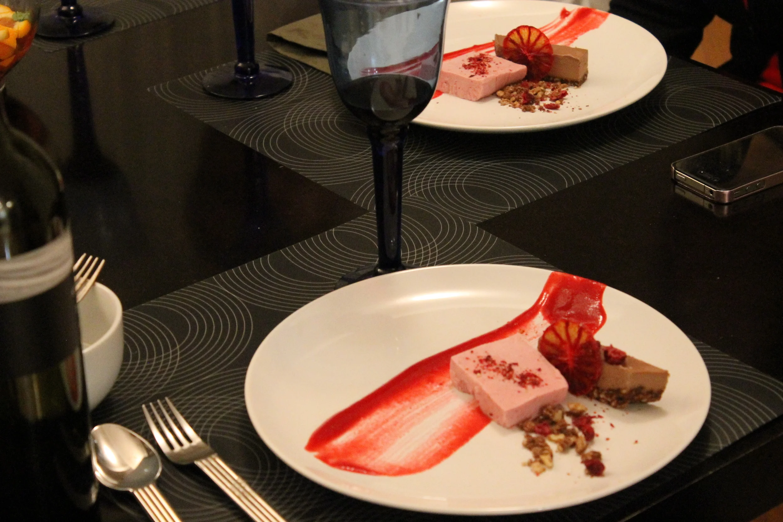 Dessert was a combo of the chocolate cheesecake and coconut, cranberry and blood orange ice cream square (this is a nut free component)