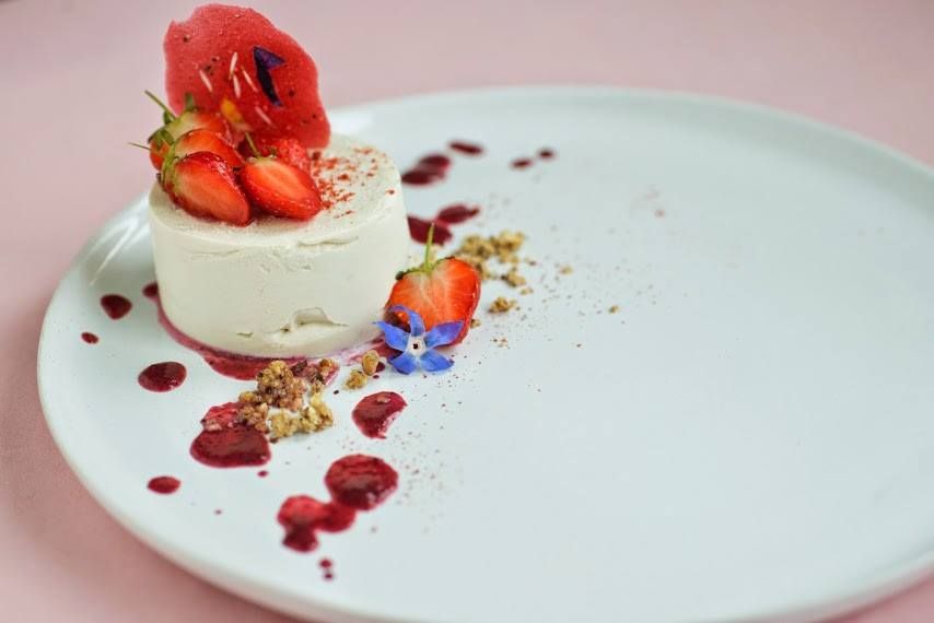 Lavender & Citrus Ice Cream. English Strawberries. Berry Coulis. Hazelnut & Ginger Crumb. Photo by Dawn Langley.