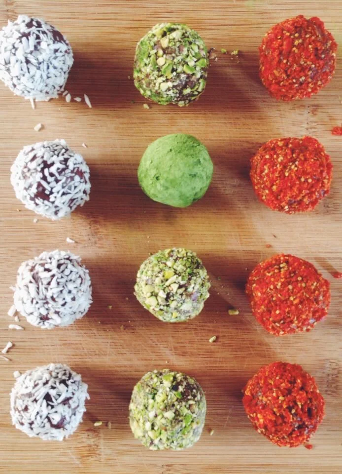 Cacao Truffles. Goji. Matcha. Coconuts. Pistachios.