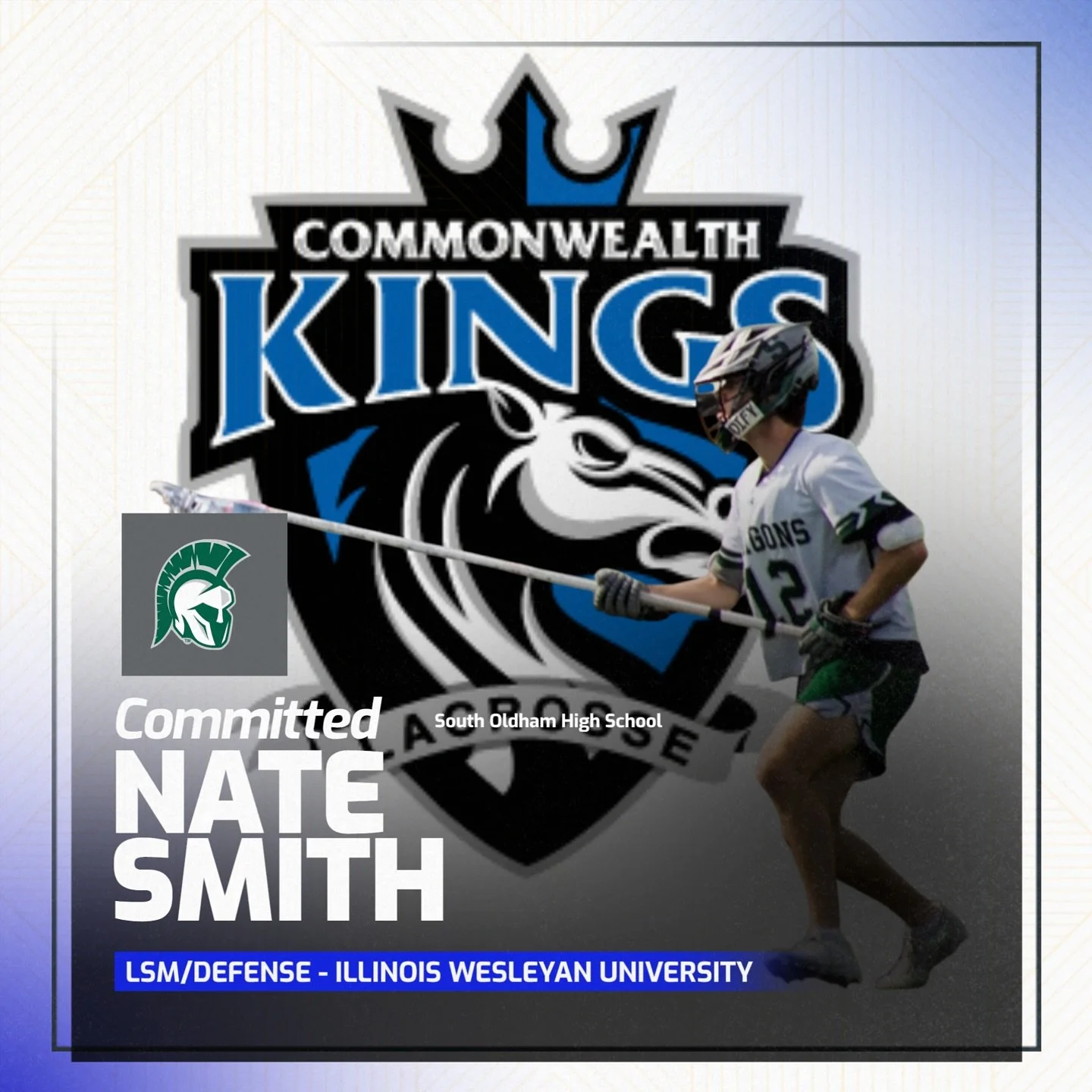 🚨Commitment Alert🚨

2026 LSM/Defenseman Nate Smith of South Oldham High School has committed to Illinois Wesleyan University ! The Titans are adding a super coachable and versatile player who can run in between the lines while also being a lock dow
